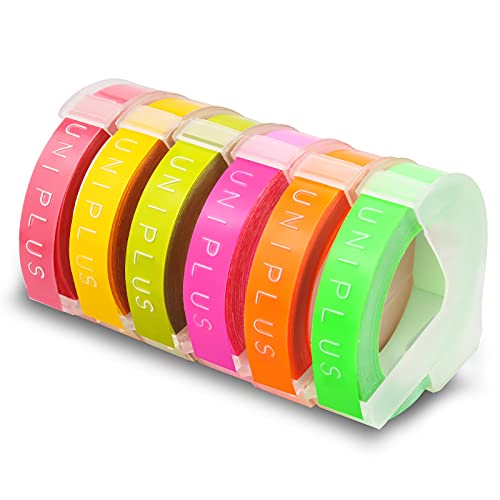UniPlus 6 Rollen Kompatibel 9mm Prägeband für Dymo Omega Etikettenband Junior 3D Vinyl Prägeetiketten für Junior Omega Motex E101 Praegegeraet, Gelb/Pink/Olivgrün, Fluoreszierendes Rosa/Orange/Grün von UniPlus