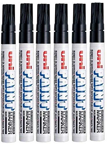 Uni Color PX-20 Marker für Ölfarbe, mittelgroß, 2,2–2,8 mm, Schwarz, für Metall, Glas, Holz, Kunststoff, Stein, Außenbereich, 6 Stück von uni-ball