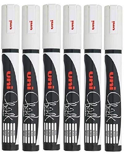 Uni White PWE-5M Flüssigkreide-Marker, Rundspitze (1,8–2,5 mm), für Whiteboard, Tafel, Kreidetafel, Menü, Glasfenster, feuchtes Abwischen, nicht permanent, 6 Stück von Uni-Ball