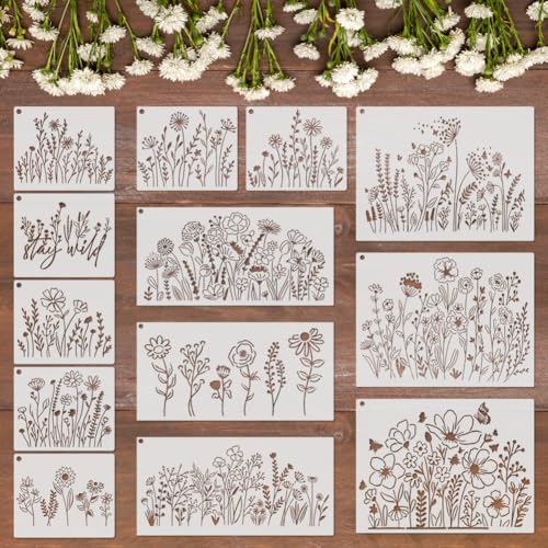 13-teiliges Blumenschablonen-Set, Sonnenblume, Rose, Gänseblümchen, Wildblume, Malschablonen, wiederverwendbar, Kunststoff, Zeichenschablonen mit Ring, für Bastelarbeiten, Kunst, Scrapbooking, Karten 13-teiliges Blumenschablonen-Set, Sonnenblume, Rose, Gänseblümchen, Wildblume, Malschablonen, wiederverwendbar, Kunststoff, Zeichenschablonen mit Ring, für Bastelarbeiten, Kunst, Scrapbooking, Karten von Unigift