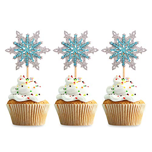 Unimall 24er Pack Schneeflocke Cupcake Topper Glitter Doppelschicht Winter Frozen Cake Topper für Geburtstagsfeier Weihnachten Hochzeitsfeier Kuchen Dekorationen Partyzubehör von Unimall Global