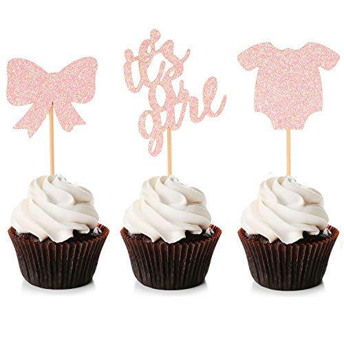 Unimall 48 Stück It's a Girl Cupcake Toppers Baby Overalls Bow Cake Picks für Babyparty Geburtstagsfeier Dekorationen von ATOTOP