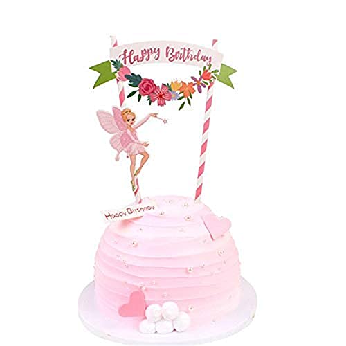 Unimall Global 1 Stück Pink Flower Fairy Cake Topper Alles Gute zum Geburtstag Banner Cake Bunting Topper Babyparty Kuchen Dekoration Mädchen Geburtstagsfeier Lieferungen von Unimall Global