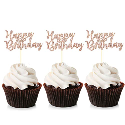 Unimall Global 24 Stück Happy Birthday Cupcake Toppers Roségold Geburtstag Torte Topper Happy Birthday Kuchendekoration Cake Toppers von Unimall Global