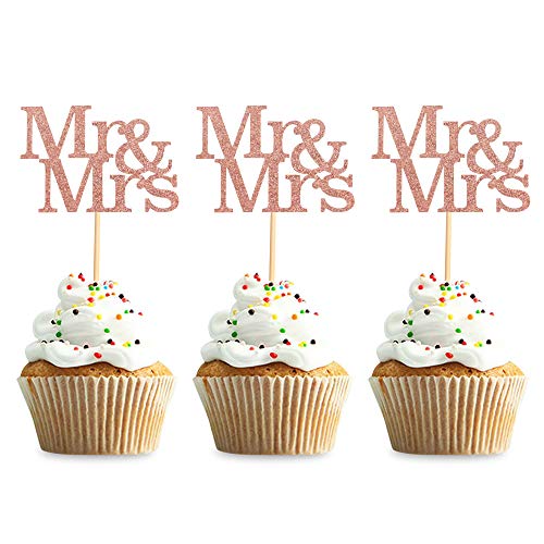 Unimall Global 24 Stück Mr Mrs Cupcake Toppers Liebe Herr Frau Cupcake Picks Roségold Glitter Hochzeit Cucpake Topper Brautdusche Kuchen Dekorationen Partyzubehör von Unimall Global