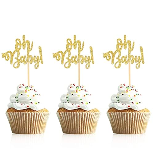 Unimall Global 24 Stück Oh Baby Cupcake Toppers für Geburtstag Babyparty Baby Shower Kuchen deko Party Dekorationen Kuchendekoration Tortenfigur Tortendeko Kuchenaufsätze, Gold von Unimall Global