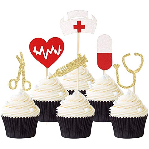 Unimall Global 24Pcs Glitter Nursing Cupcake Toppers Nurse Graduierung Cupcake Topper Medical Rn Themed Geburtstagsfeier Kuchen Dekoration Picks Nursing Cupcake Toppers von Unimall Global