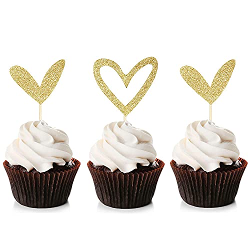 Unimall Global 24Pcs Gold Glitter Herz Cupcake Topper Nettes Design Liebe Cupcake Topper für Hochzeit Braut Jubiläum Baby Dusche Party Dekorationen Lieferungen von Unimall Global