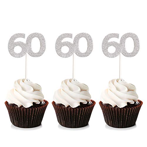 Unimall Global 24Pcs Silber Glitter Nummer 60 Cupcake Toppers 60. Jahrestag Geburtstag Cupcake Picks Kuchen Picks Party Dekoration von Unimall Global