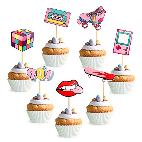 Unimall Global 28 Stück 90er Cupcake Topper Kuchendeckel Mädchen Jahre Thema Kuchendekoration Zubehör für Jahrzehnt Throwback Hip Hop Partydekorationen Partydekoration von Unimall Global