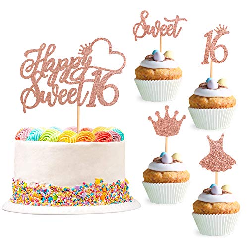 Unimall Roségold Glitter Sweet 16 Cake Topper Set Schöne Geburtstagsfeier Dekorationen Cupcake Topper Kit Mit 16 Crown Sweet Dress Cupcake Topper für Sweet 16 Geburtstagsfeier Dekorationen 25St von Unimall Global