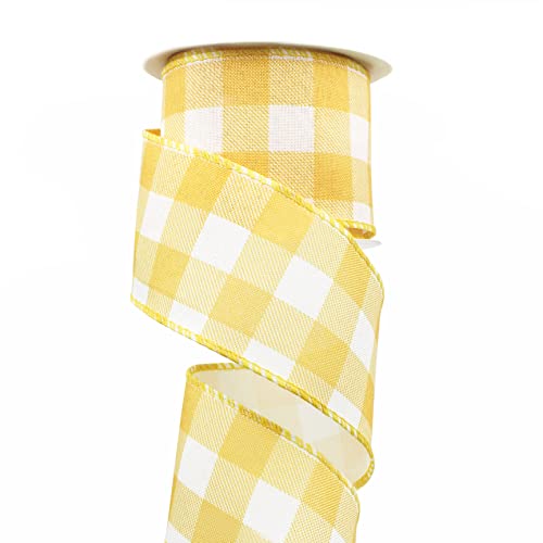 UnionJoy Kariertes Band mit Drahtrand, gelbes Gingham-Band für DIY-Geschenkverpackungen, Kranz, Blumenarrangement, Schleifendekoration, 6,3 cm x 9,1 m pro Rolle (gelb und weiß kariert) von UnionJoy