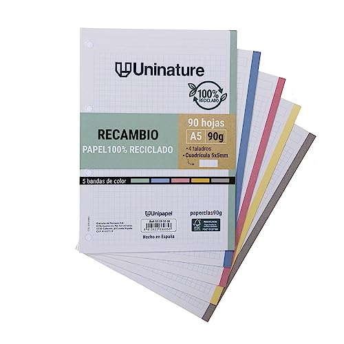 Unipapel | 90 Blatt A5 Recyclingpapier | 5 x 5 kariert mit Rand | mit 5 Farbbändern für Fächer | Super starkes Papier | PaperClass 90 g Unipapel | 90 Blatt A5 Recyclingpapier | 5 x 5 kariert mit Rand | mit 5 Farbbändern für Fächer | Super starkes Papier | PaperClass 90 g von Unipapel