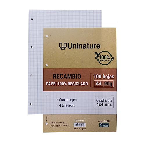 Unipapel Packung mit 100 Blatt aus 100% recyceltem A4-Papier, kariert mit Rand, sehr robustes Papier, 90 g von Unipapel