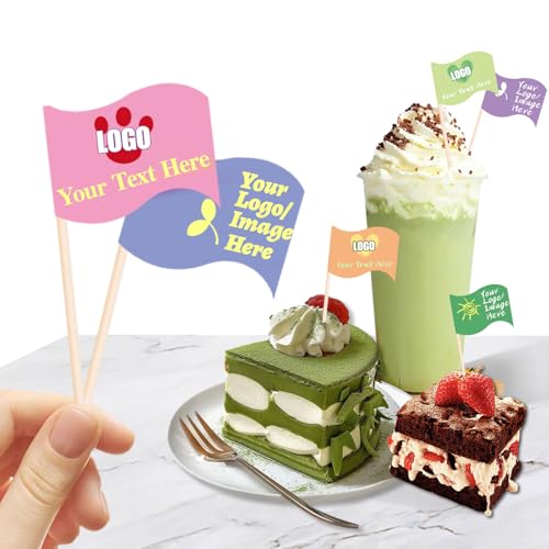Benutzerdefinierte Zahnstocher Flaggen mit Logo/Foto 100Pcs, personalisierte Käsemarker für Hamburger Cupcakes Topper Party Dekoration Lebensmittelkennzeichnung (Style 1) von Uniqora