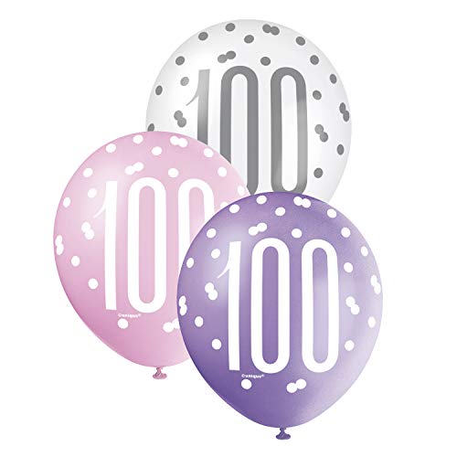 Latex-Luftballons zum 100. Geburtstag - 30 cm - Glitzer Rosa & Silber Geburtstag - 6er-Packung von Unique