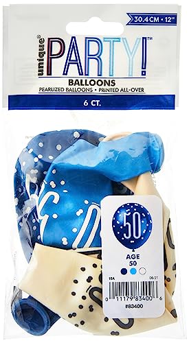 Latex-Luftballons zum 50. Geburtstag - 30 cm - Glitzer Blau & Silber Geburtstag - 6er-Packung von Unique