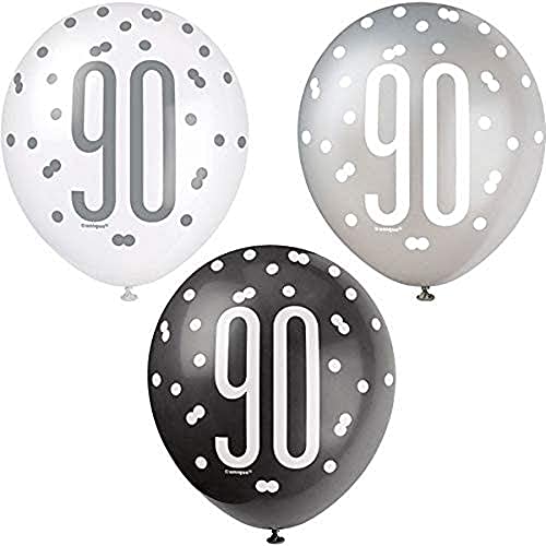 Latex-Luftballons zum 90. Geburtstag - 30 cm - Glitzer Schwarz & Silber Geburtstag - 6er-Packung von Unique
