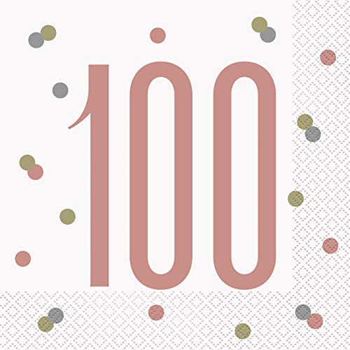 Papierservietten - Zahl 100 - 16,5 cm - Glitzer-Roségold-Geburtstag - 16er-Packung von Unique
