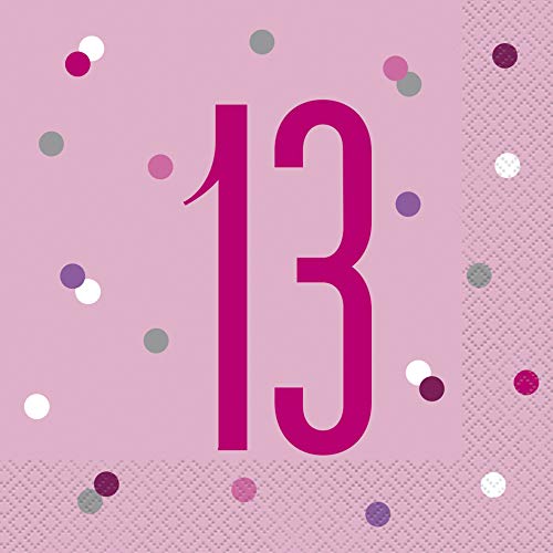 Papierservietten - Zahl 13 - 16,5 cm - Glitzer Rosa & Silber Geburtstag - 16er-Packung von Unique