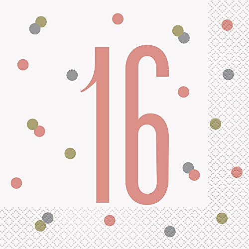 Papierservietten - Zahl 16 - 16,5 cm - Glitzer-Roségold-Geburtstag - 16er-Packung von Unique