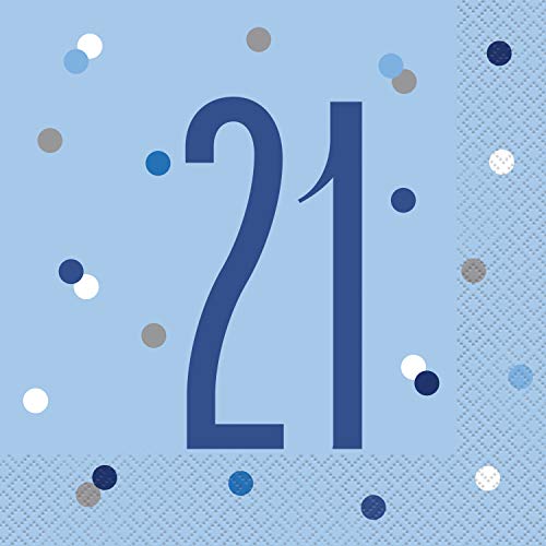 Papierservietten - Zahl 21 - 16,5 cm - Glitzer Blau & Silber Geburtstag - 16er-Packung von Unique