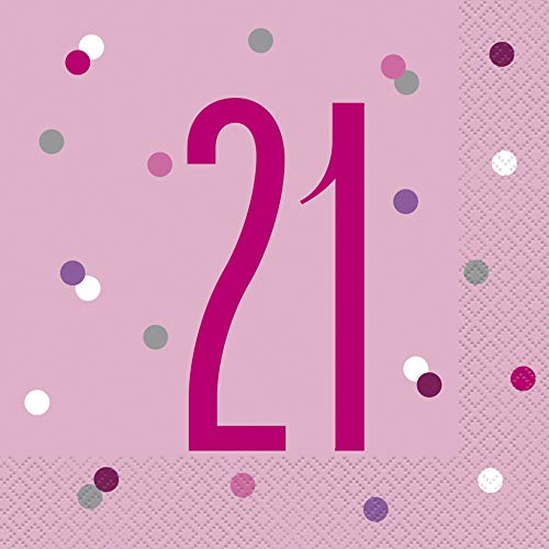 Papierservietten - Zahl 21 - 16,5 cm - Glitzer Rosa & Silber Geburtstag - 16er-Packung von Unique