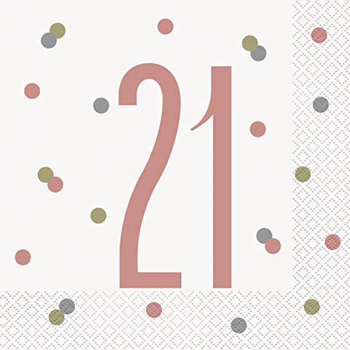 Papierservietten - Zahl 21 - 16,5 cm - Glitzer-Roségold-Geburtstag - 16er-Packung von Unique Party