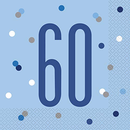 Papierservietten - Zahl 60 - 16,5 cm - Glitzer Blau & Silber Geburtstag - 16er-Packung von Unique Party