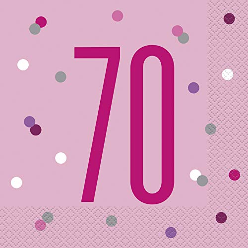 Papierservietten - Zahl 70 - 16,5 cm - Glitzer Rosa & Silber Geburtstag - 16er-Packung von Unique