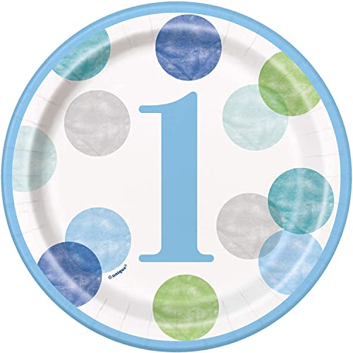 Pappteller - 18 cm - Blaue Punkte 1. Geburtstag - Packung mit 8 Stück von Unique Party