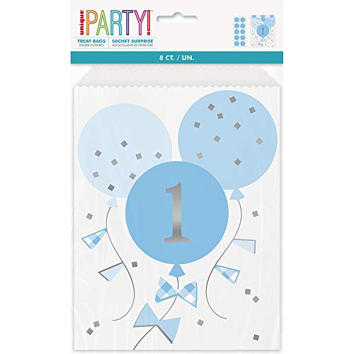 Partytaschen aus Papier - Blauer Gingham 1. Geburtstag - 8er-Pack von Unique