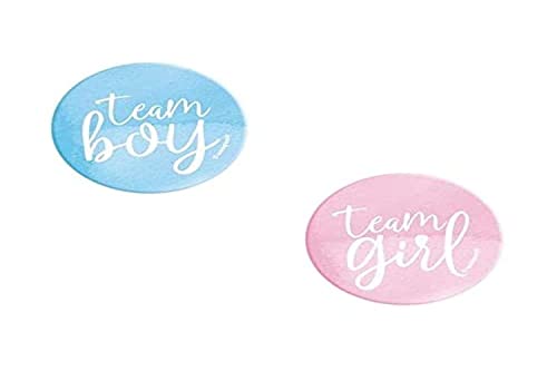 Unique 76045 Team Boy or Girl Gender Reveal Buttons | Sortiert | 10 Stück Babypartygeschenke Anstecker-10er-Pack, Buchstabenmuster, Multicolour, Large von Unique