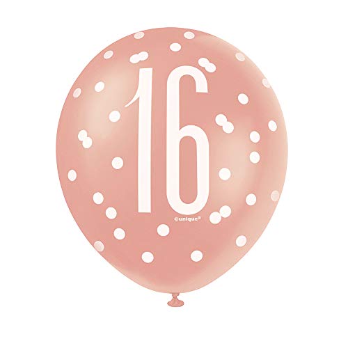 Unique Party 84914 Latex-Luftballons zum 16 Geburtstag - 30 cm - Glitzer-Roségold-Geburtstag - 6er-Packung von Unique Party