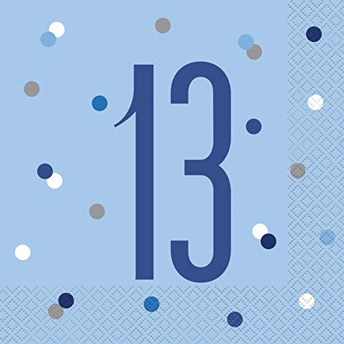 Unique Party Supplies 83553 Papierservietten - Zahl 13 - 16,5 cm - Glitzer Blau & Silber Geburtstag - 16er-Packung von Unique