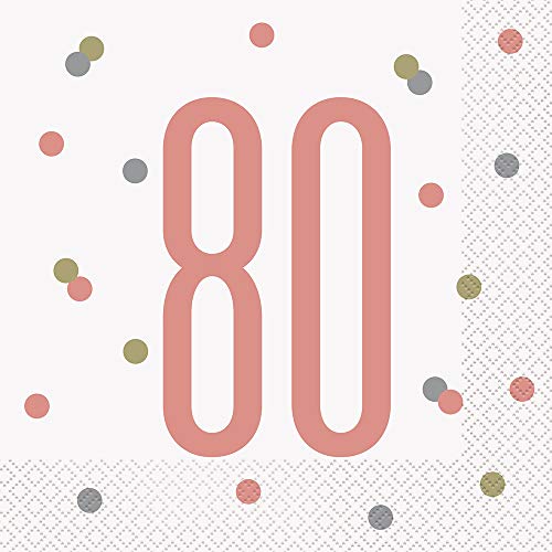 Unique Party Supplies 84888 Papierservietten - Zahl 80 - 16,5 cm - Glitzer-Roségold-Geburtstag - 16er-Packung von Unique