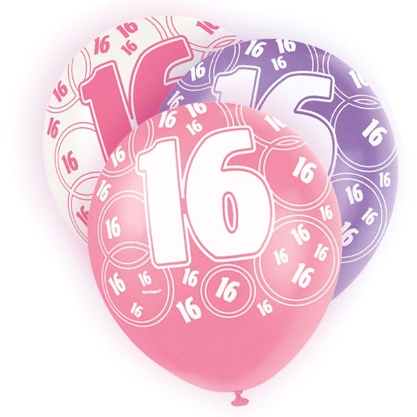Ballons mit Zahl 16, lila/pink/weiß, 30cm, 6 Stück von Unique Party