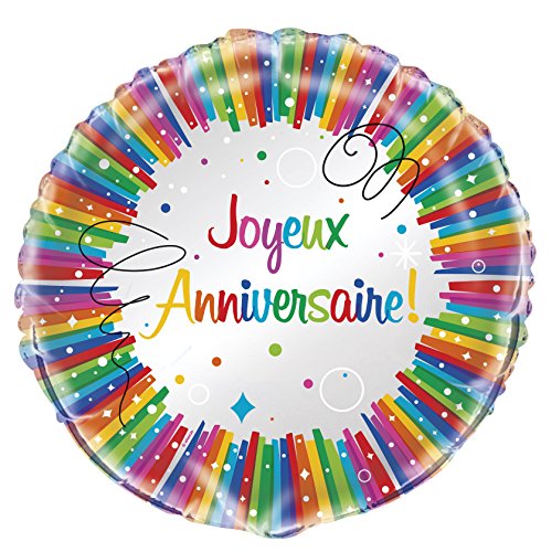 Folien-Geburtstags-Luftballon - 45 cm - "Joyeux Anniversaire" Regenbogenbänder von Unique Party
