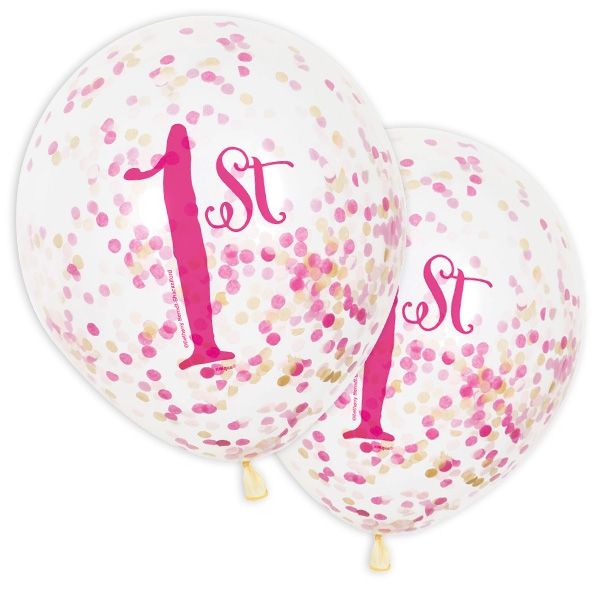 Konfetti-Ballons "1st" in pink, transparent, 6 Stk.,  30cm von Unique Party