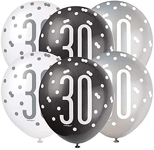 Latex-Luftballons zum 30. Geburtstag - 30 cm - Glitzer Schwarz & Silber Geburtstag - 6er-Packung von Unique