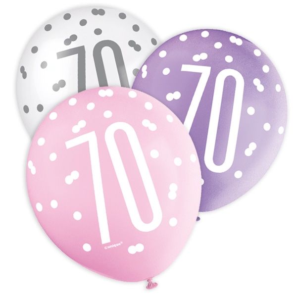 Latexballons mit 70 + Happy Birthday, lila/pink/weiß, 30cm von Unique Party