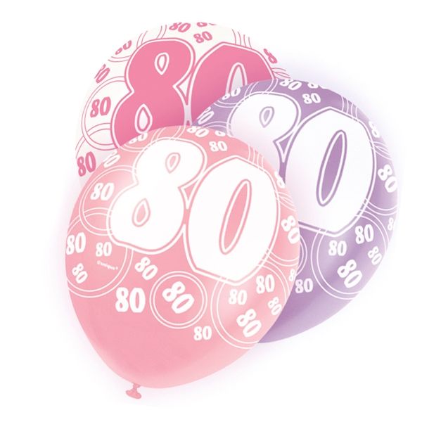 Latexballons mit 80 + Happy Birthday, lila/pink/weiß, 30cm von Unique Party