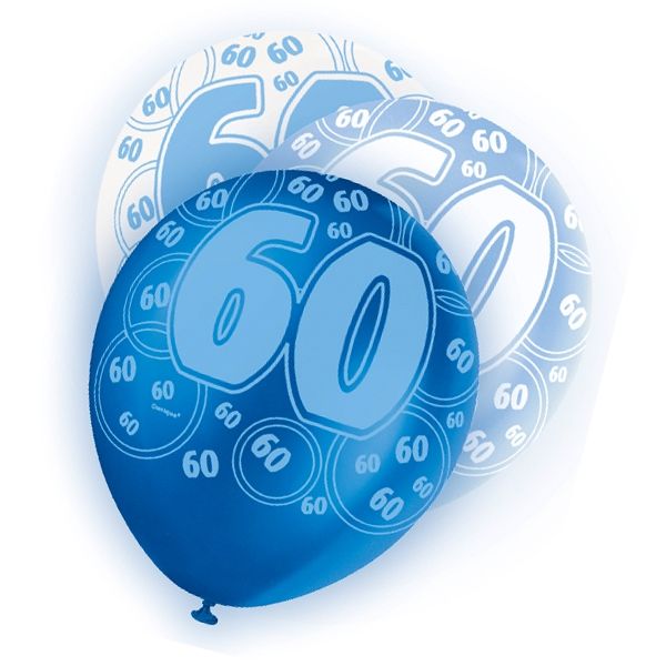 Latexballons mit Zahl 60 + Happy Birthday, blau-weiß, 30cm von Unique Party