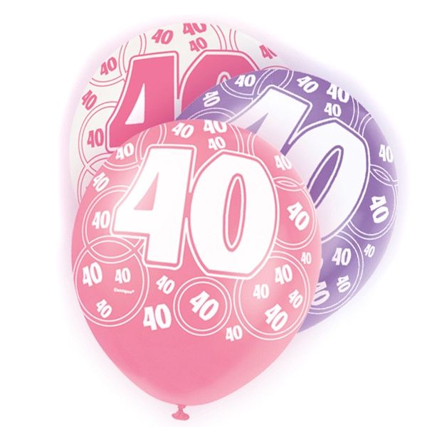 Luftballons zum 40.Geburtstag, lila/pink/weiß, 30cm, 6 Stück von Unique Party
