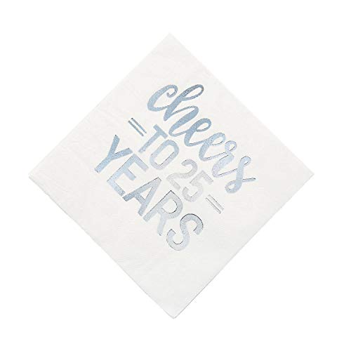 Papierservietten - 16,5 cm - 25. Jahrestag "Cheers to 25 Years" - Silberfolie - Packung mit 16 Stück von Unique Party