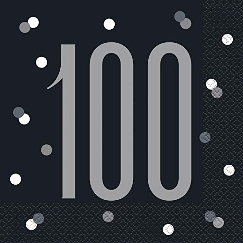 Papierservietten - Zahl 100 - 16,5 cm - Glitzer Schwarz & Silber Geburtstag - 16er-Packung von Unique