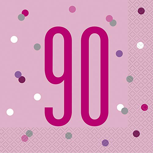 Papierservietten - Zahl 90 - 16,5 cm - Glitzer Rosa & Silber Geburtstag - 16er-Packung von Unique Party