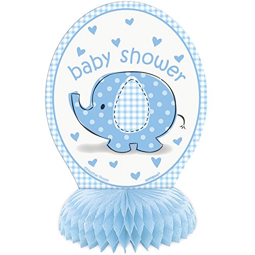 Unique Mini-Dekorationen für Babyparty mit Ständer im Wabenmuster, Motiv: Elefant, Blau, 4 Stück von Unique Party