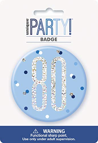 80. Geburtstags-Anstecker - 7,5 cm - Glitzer Blau & Silber Geburtstag von Unique Party