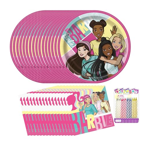 Barbie Party Supplies Pack für 16 Gäste - Offiziell lizenzierte 17,8 cm Dessertteller & Lunch-Servietten mit Geburtstagskerzen - Barbie Geburtstagsdekorationen von Unique